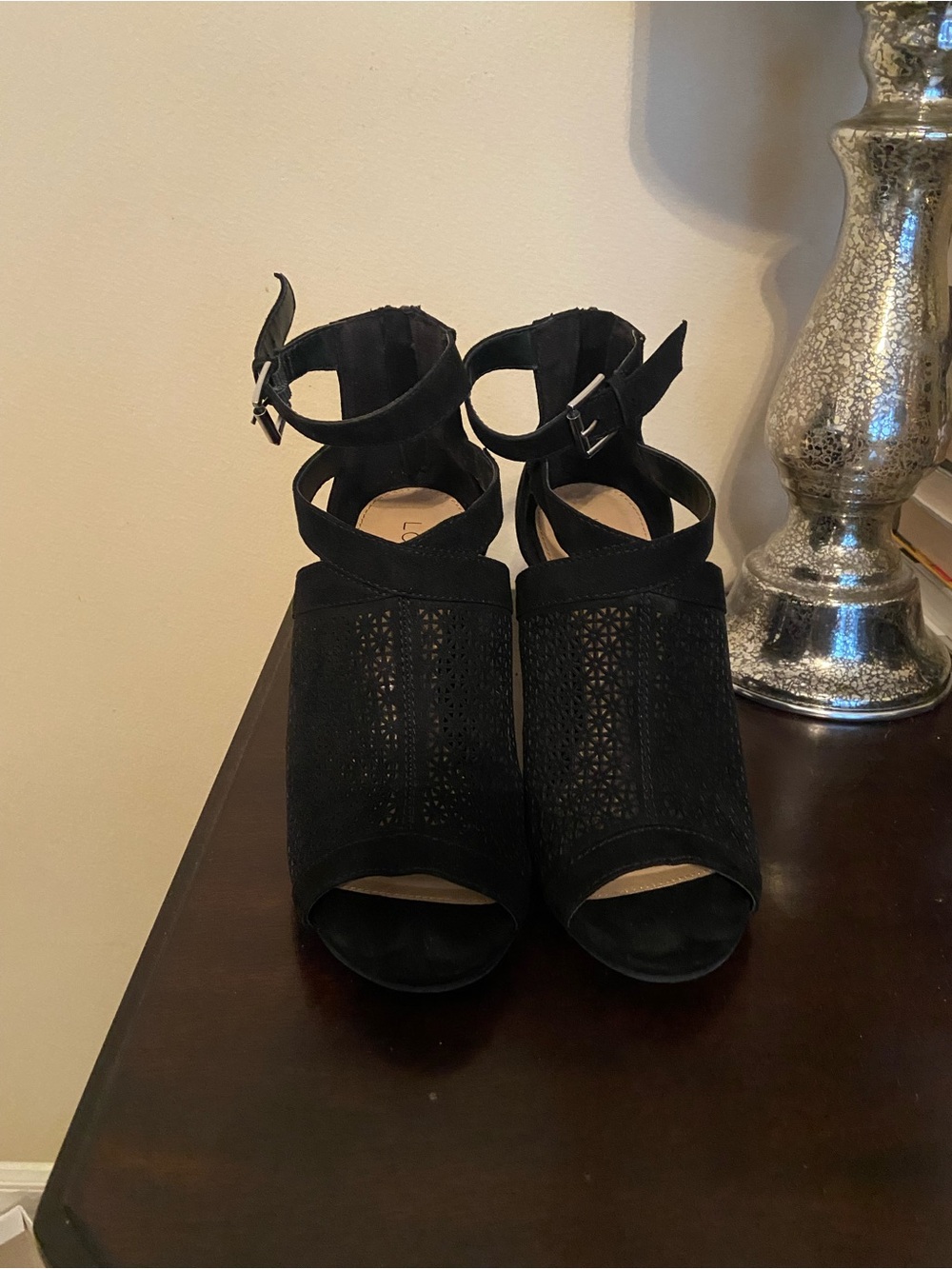 LC Lauren Conrad Black Laser-Cut Peep-Toe Ankle Strap Heels